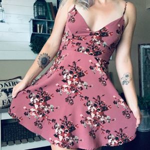 Windsor dusty pink floral printed crepe open bow back plunge mini dress